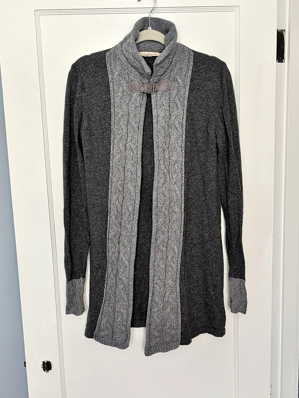 Chiaramente Wool Blend Open Front Buckle Cardigan Gray Small